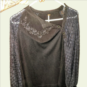 Free People Black Knit Top with Contrast Tag Detail